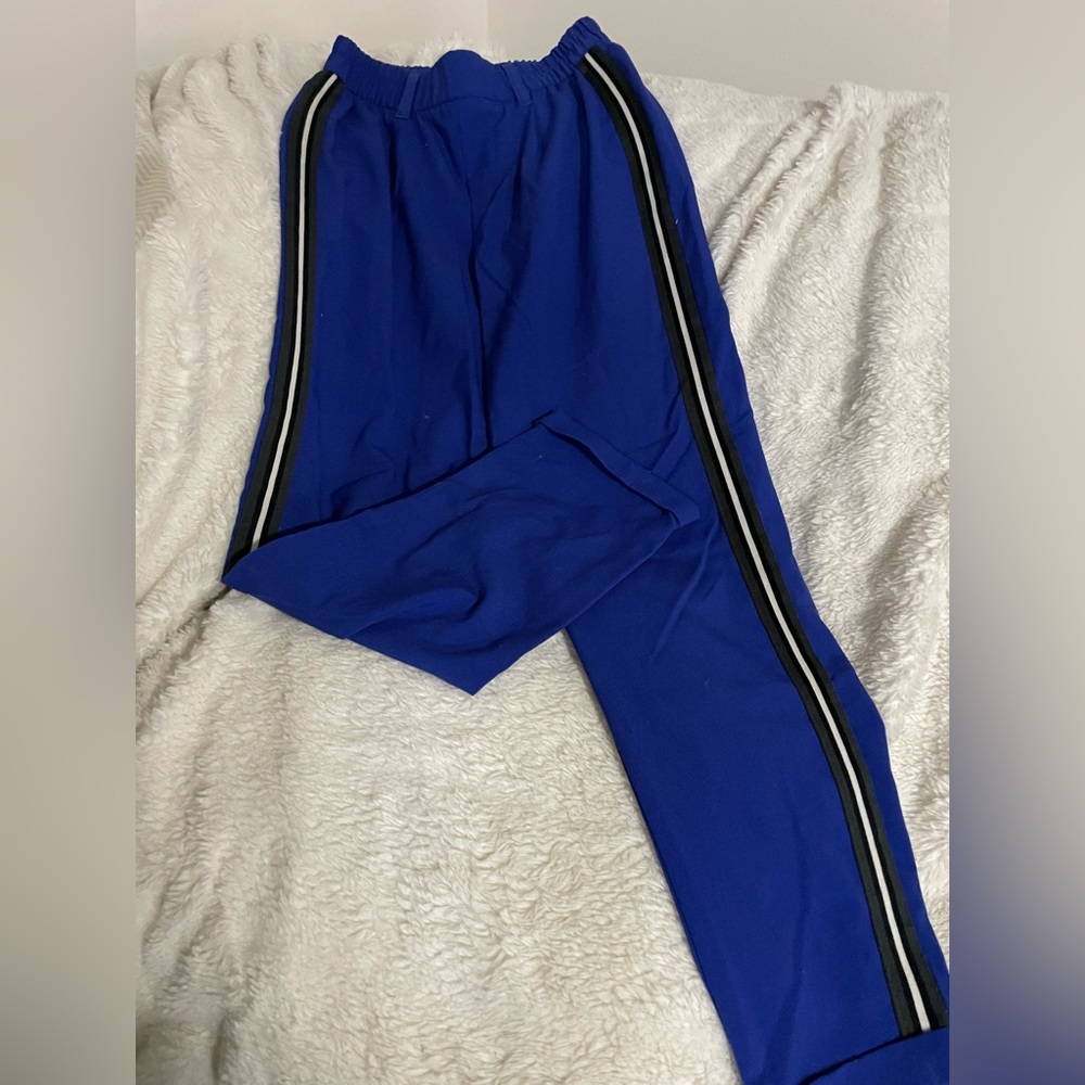 White/ Black pinstripe electric blue trousers